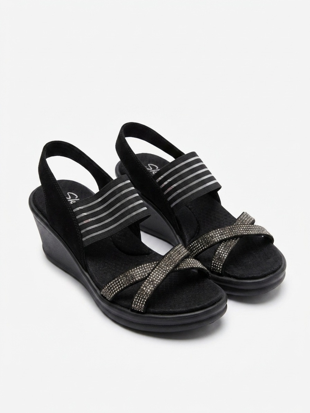 Skechers Rumblers Black Rhinestone Wedge Sandals Striped Elastic Size 7W Y2K